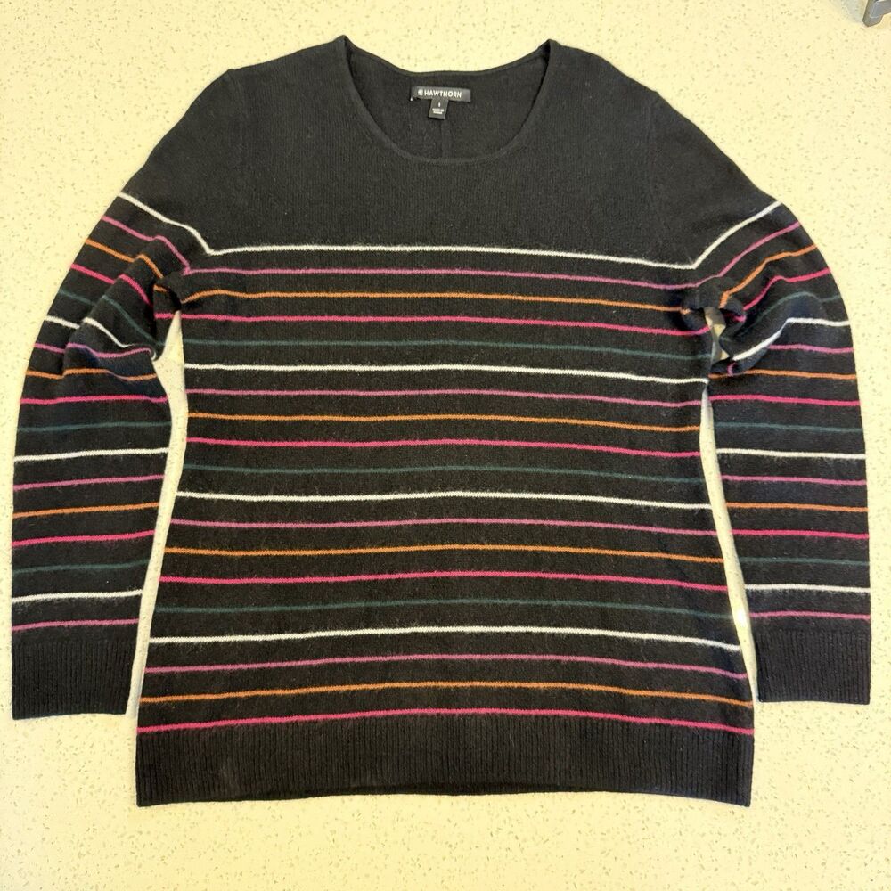 41 Hawthorn Cashmere Sweater L Black Color Striped Parisian Scoop Neck Nautical